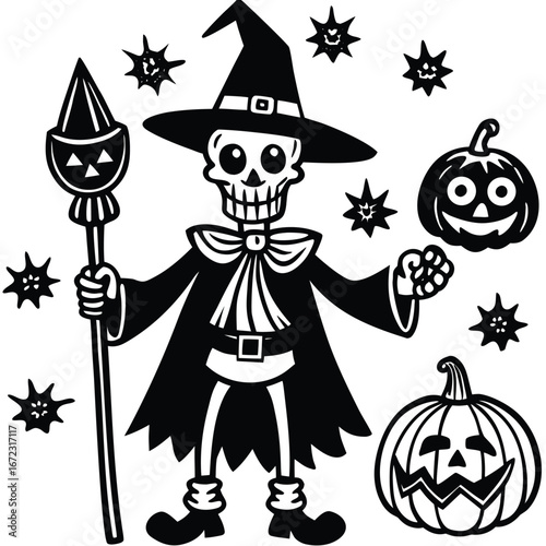 Cartoon skeleton dressed in colorful attire a playful halloween illustration