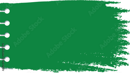 Abstract green notebook paper brush stroke background with grunge texture design. Artistic paint banner template with spiral edge effect. Creative stationery styled backdrop.