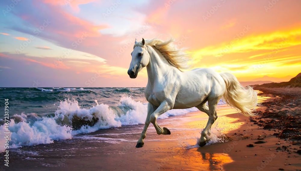 Obraz premium Majestic white horse running on beach at sunset