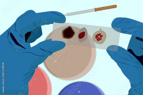 An illustration depicting gloved hands holding a glass slide with a blood sample, with a pipette and petri dishes resting on a table, set against a light blue background.
