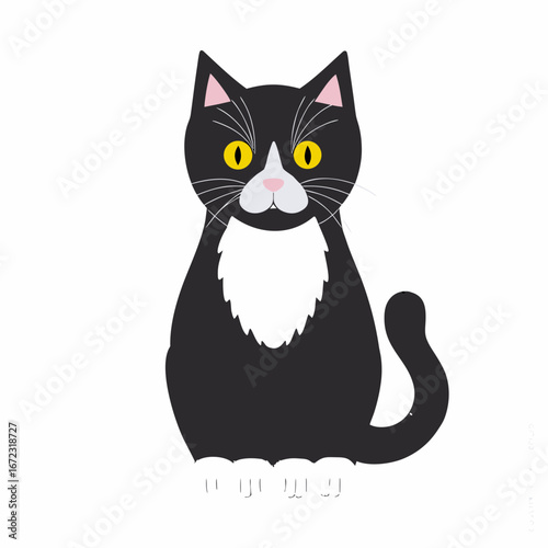 Cute cartoon black and white tuxedo cat with yellow eyes