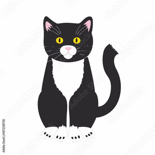 Cute cartoon black and white tuxedo cat sitting and looking forward