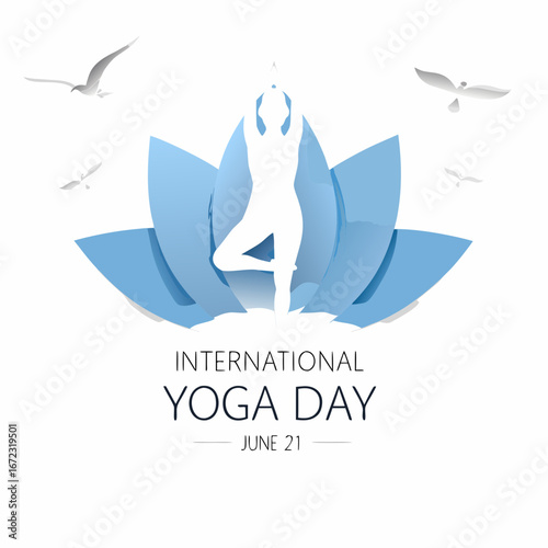 International yoga day with a person in tree pose within a blue lotus and flying birds