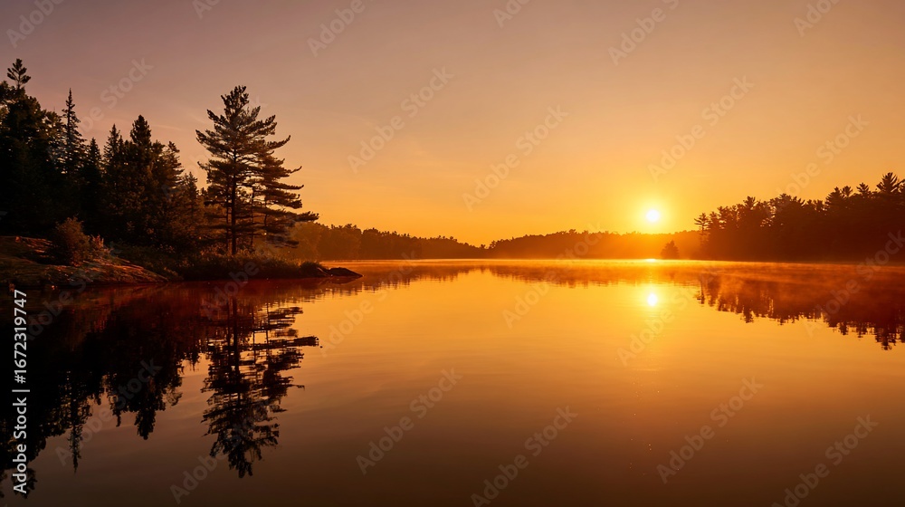 Naklejka premium Golden sunrise over still lake, trees line the shore, misty haze on water