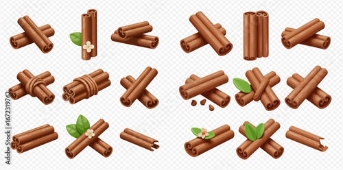 Collection of realistic cinnamon sticks in various arrangements, some with leaves and flowers.