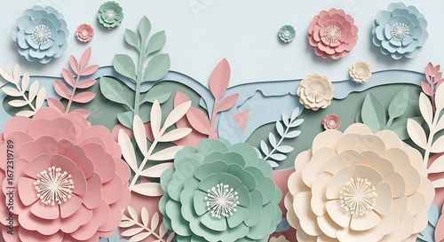 Pastel paper flowers and layered landscapes evoke a serene and artistic spring feeling