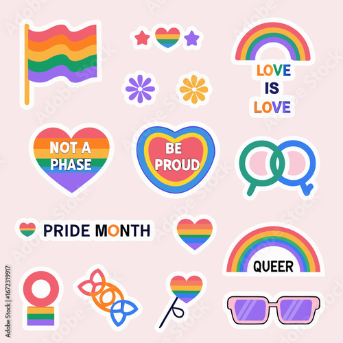 Collection of pride month stickers with rainbow colors and positive messages