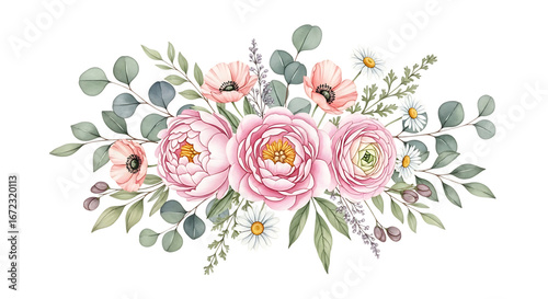 Delicate pink peony and eucalyptus floral arrangement isolated on transparent background