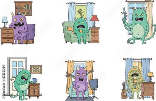 Funny cartoon monsters at home, sitting in living room, scary but cute creatures, colorful character collection, humorous fantasy illustration for Halloween decoration