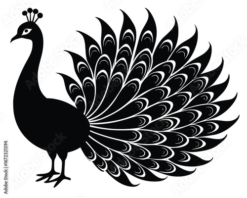 Vector art of silhouette of a peacock with its tail feathers spread