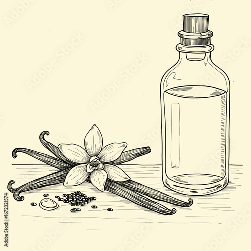 Vanilla sticks and bottle of oil in vintage style.