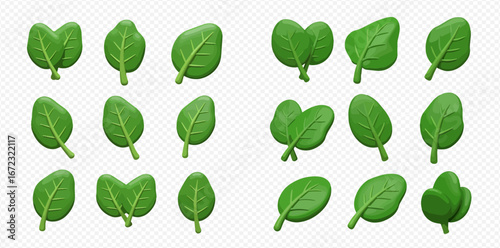 Collection of vibrant green spinach leaves in various positions and orientations, digitally rendered.