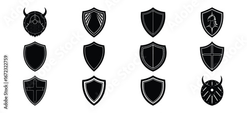 Collection of Medieval Shields Black and White Vector Illustrations for Design Projects