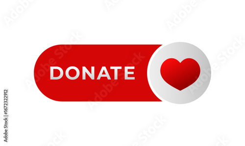 Red donate button with heart symbol symbolizes giving, charity, and compassion, encouraging donations.