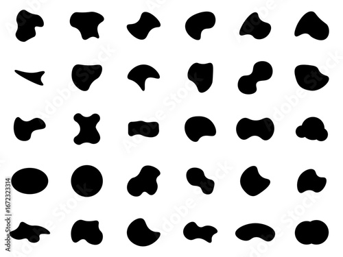 Abstract organic blob shapes vector set. Modern liquid amoeba forms. Minimalist irregular random ink spots for contemporary design. Simple geometric graphic pattern elements.