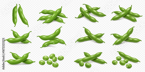 Collection of fresh green beans and peas, various arrangements, isolated on white.