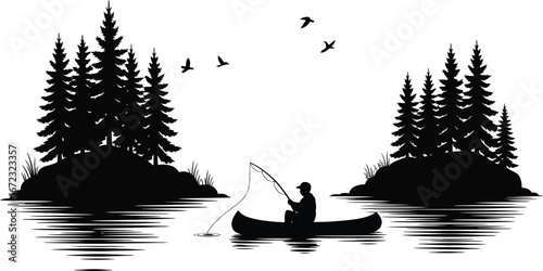 Silhouette of a fisherman in a canoe on a serene lake with pine trees and birds