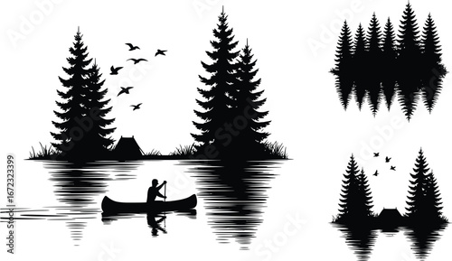 Serene wilderness scene with canoeist and reflecting trees