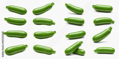 Collection of fresh green zucchini displayed in various positions against a white background.