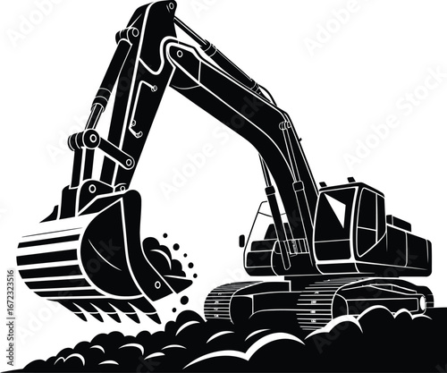 Silhouette of an excavator digging in the dirt
