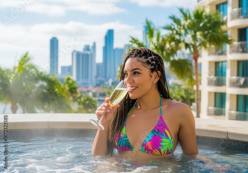 woman in colorful bikini enjoying champagne in rooftop jacuzzi with city skyline view
