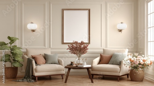Elegant Beige Living Room with Sofa Cushions and Floral Decor in Bright Sunlit Space