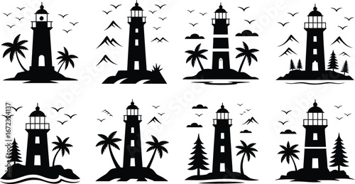 Collection of silhouette lighthouses on islands with palm trees and birds