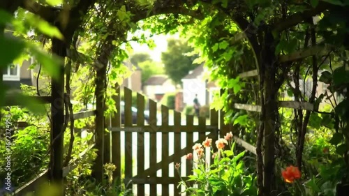 A gate draped in greenery leads into a bright, sun-drenched neighborhood, flowers blooming at the base, creating a picturesque scene