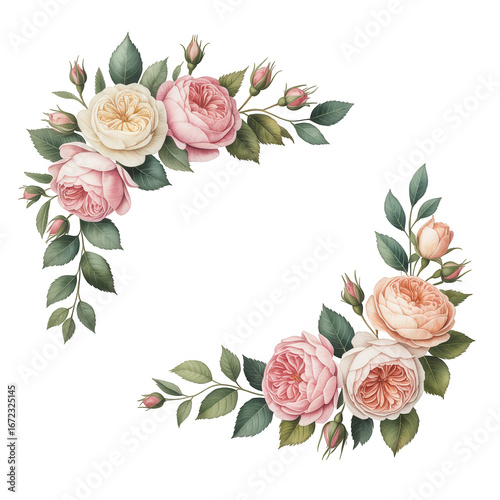 Elegant floral corner arrangement featuring soft pink and cream roses and greenery transparent background