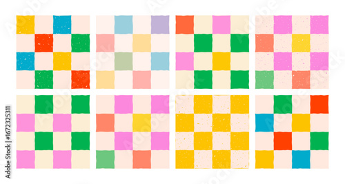 Playful checker pattern background with green, yellow, red, pink, blue and pa...