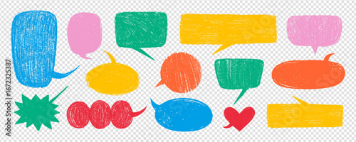 Crayon childish speech bubble vector set in red, blue, yellow and green on transparent background. Hand drawn talk and speech shapes with playful texture. For stickers, prints, scrapbooking, kids art