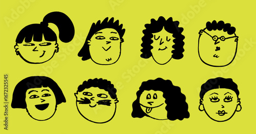 Chalk doodle emoji with playful cartoon expressions in hand-drawn crayon styl...