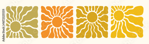 Retro sun or flower organic pattern set in earthy yellow and orange with groovy abstract wavy rays and textured background. Sun patterns with square layout. Perfect for posters, fabric, and summer