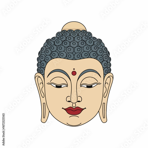 Serene face of Gautama Buddha in meditation vector illustration.