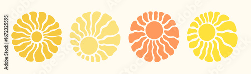 Retro sun or flower pattern set in yellow and orange with groovy abstract wavy rays on a light background. Sun or groovy daisy flower round shaped icons. Great for summer prints, posters, and icons