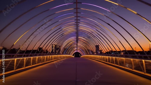 Scottsdale, arizona soleri bridge illuminated against a beautiful sunset. Ideal for travel brochures, websites, and social media posts.