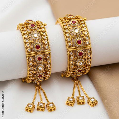 Gold Kada Bangles with Red White Stones and Hanging Chains Traditional Indian Bridal Jewelry