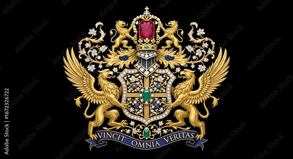 Fototapeta premium Ornate heraldic emblem adorned with precious gems and griffins motifs