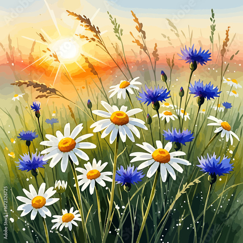 Watercolor illustration of wildflowers basking in the radiant sunshine.