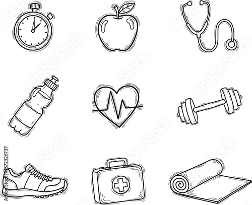 Hand drawn sketch icons representing health fitness and wellness activities for a healthy lifestyle