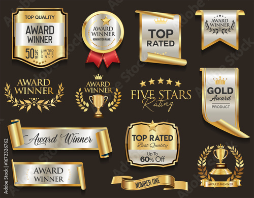Top rated award winner gold and white badge and emblem collection stock illustration
