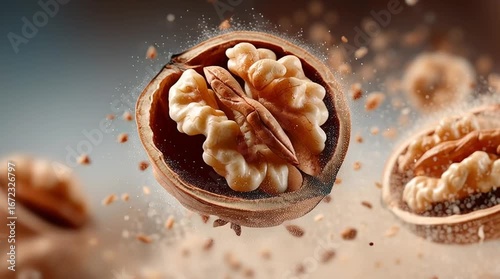 Realistic walnut halves and pieces spinning in mid-air, fine shell fragments and crumbs surrounding, warm brown tones, high detail, isolated on white or transparent background, commercial healthy food