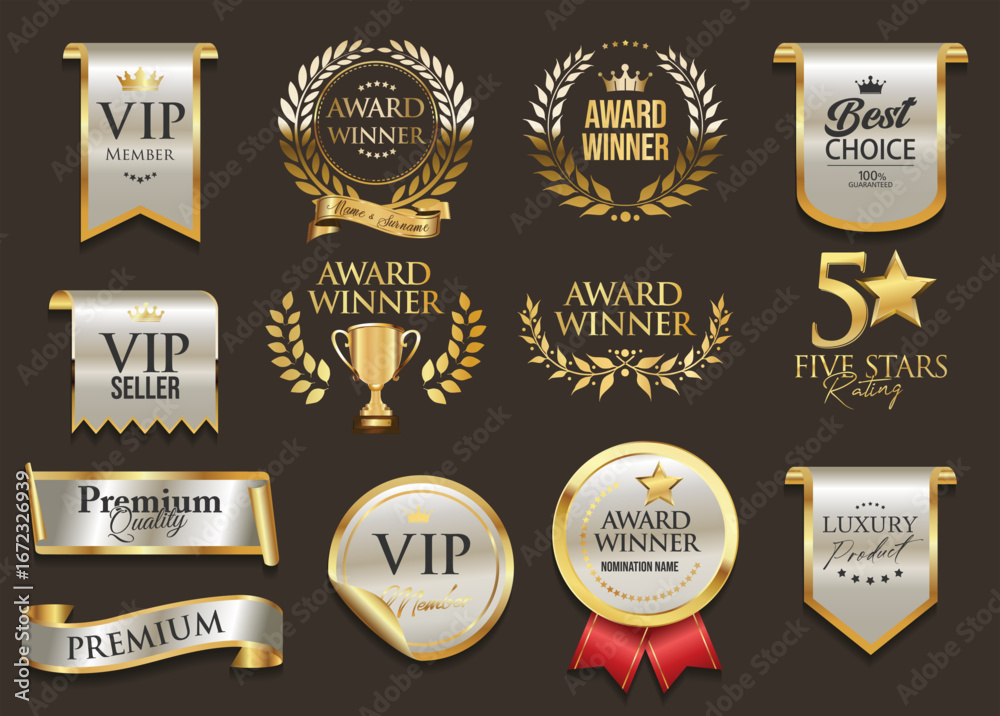 Obraz premium Top rated award winner gold and white badge and emblem collection stock illustration