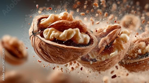 Realistic walnut halves and pieces spinning in mid-air, fine shell fragments and crumbs surrounding, warm brown tones, high detail, isolated on white or transparent background, commercial healthy food