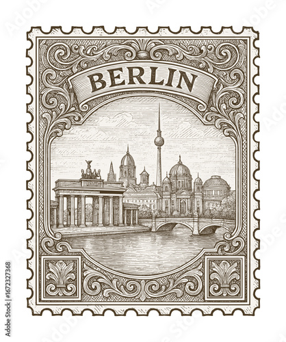 vintage postage stamp depicts berlin city - germany (sketch drawing)