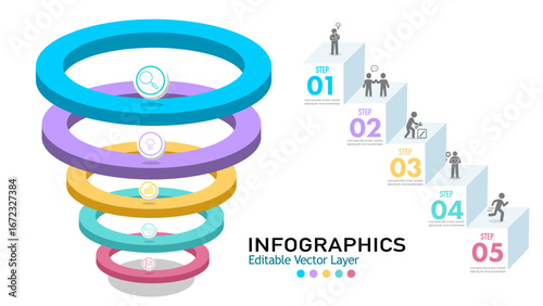 A creative business funnel and 5 steps infographic template. Ideal for marketing, sales, and business processes. Editable vector graphic.