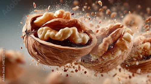 Realistic walnut halves and pieces spinning in mid-air, fine shell fragments and crumbs surrounding, warm brown tones, high detail, isolated on white or transparent background, commercial healthy food