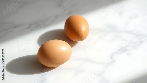 Minimalist composition of brown eggs on white marble surface