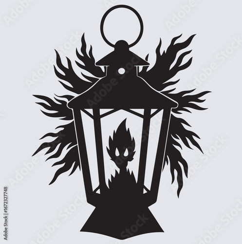 smoky lantern silhouette vector art illustration, Glowing lantern hanging with smoky teal background. dust particles illuminated. Foreflowed Dust. Illustration