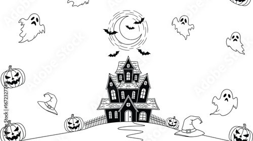 Halloween haunted house spooky ghosts bats pumpkins witch hat moon creepy scary art